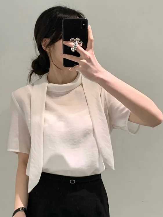 Elegant Chic Short Sleeve Shirt for Women Summer Design Sensation Sash Top Ladylike Noblewoman Atmosphere Shirt French Style ...