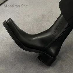 British Style Black Leather Ankle Boots for Women Zip Square Toe Chunky Heel Short Chelsea Boots Autumn Winter New Lady Shoes