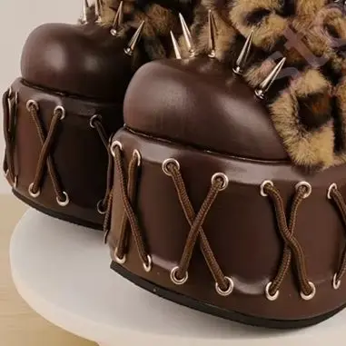 Women Leopard Furry Platform MidCalf Boots Spiked Rivet Belt Decor Block Heel LaceUp Gothic Punk Winter Warm High Heel Boots