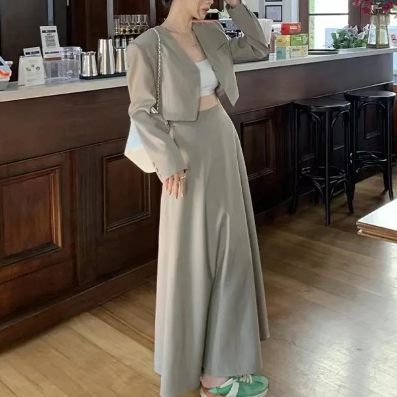 UNXX Retro Casual Short V-neck Blazer Long Skirt Suits Commuting Solid Color Loose Fitting Coat A-line Skirt Two-piece Set Women