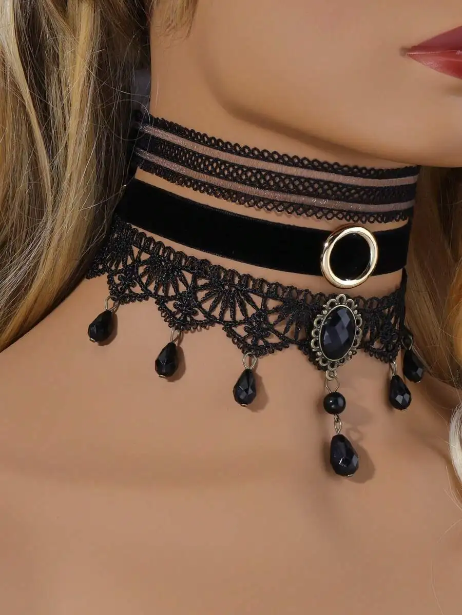 

3pcs Women Gothic Lace Tassel Choker Necklace Set Vintage Collar Jewelry