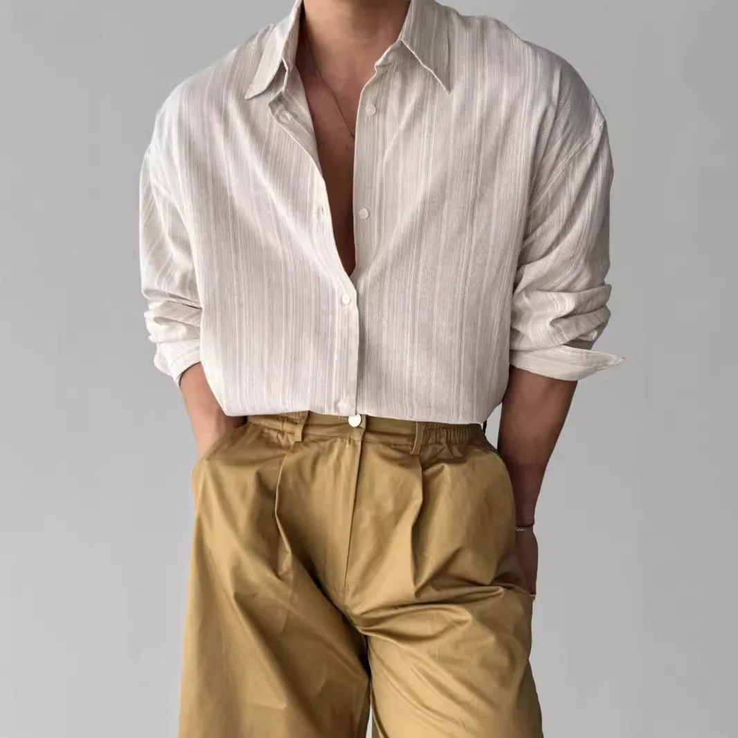 Men's Shirts 2025 Autumn Linen Striped Long Sleeve Shirt Office Suit Mature Casual Wrinkle Resistant Lightweight Blue Shirts