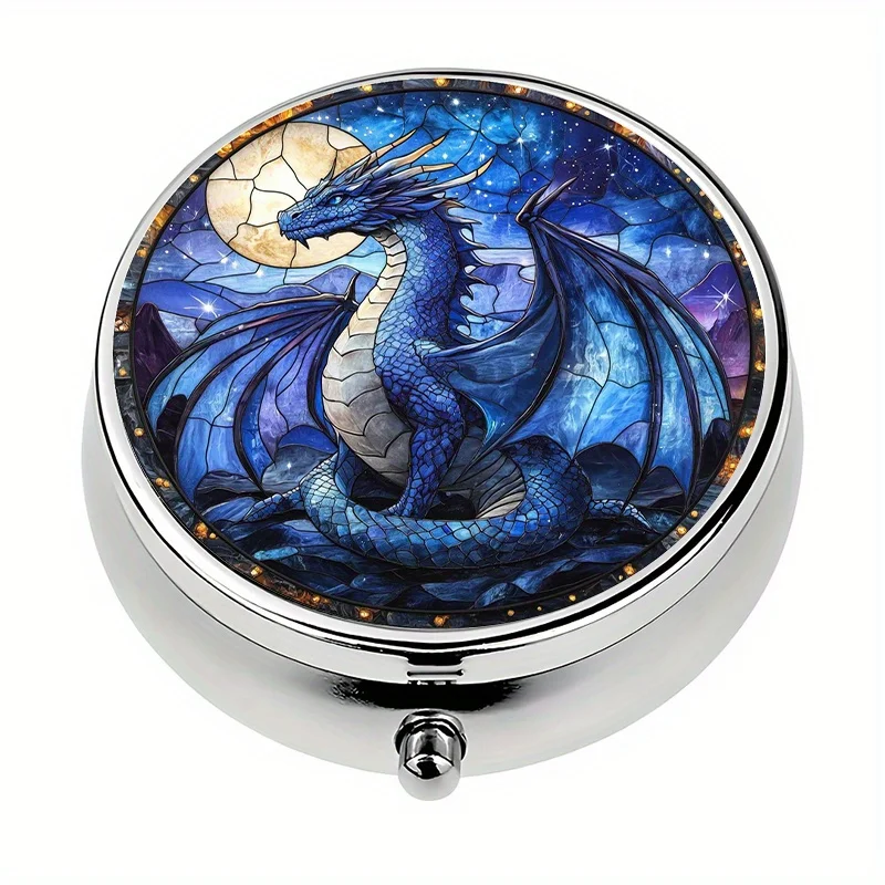 Single pack, 3-compartment pill box. Majestic dragon-pattern pill box. Decorative portable pill box, a unique gift for organizing vitamins and medication