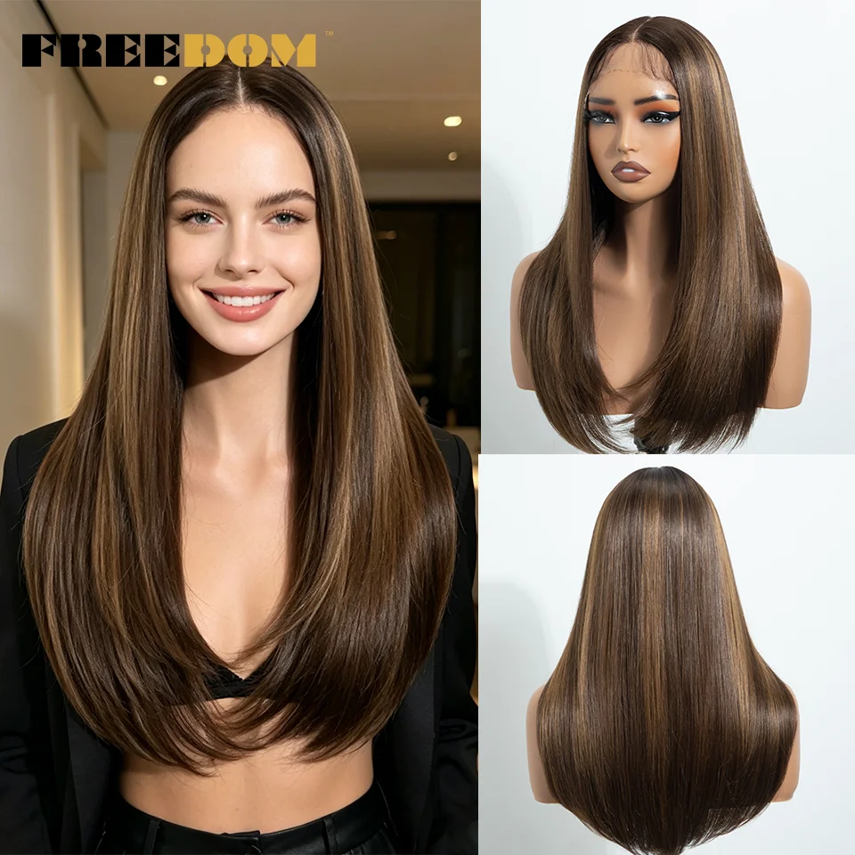 FREEDOM Straight Synthetic Lace Front Wigs For Women 22 Inch Dark Root Platinum Blonde Ombre Brown Layered Wig With Baby Hair