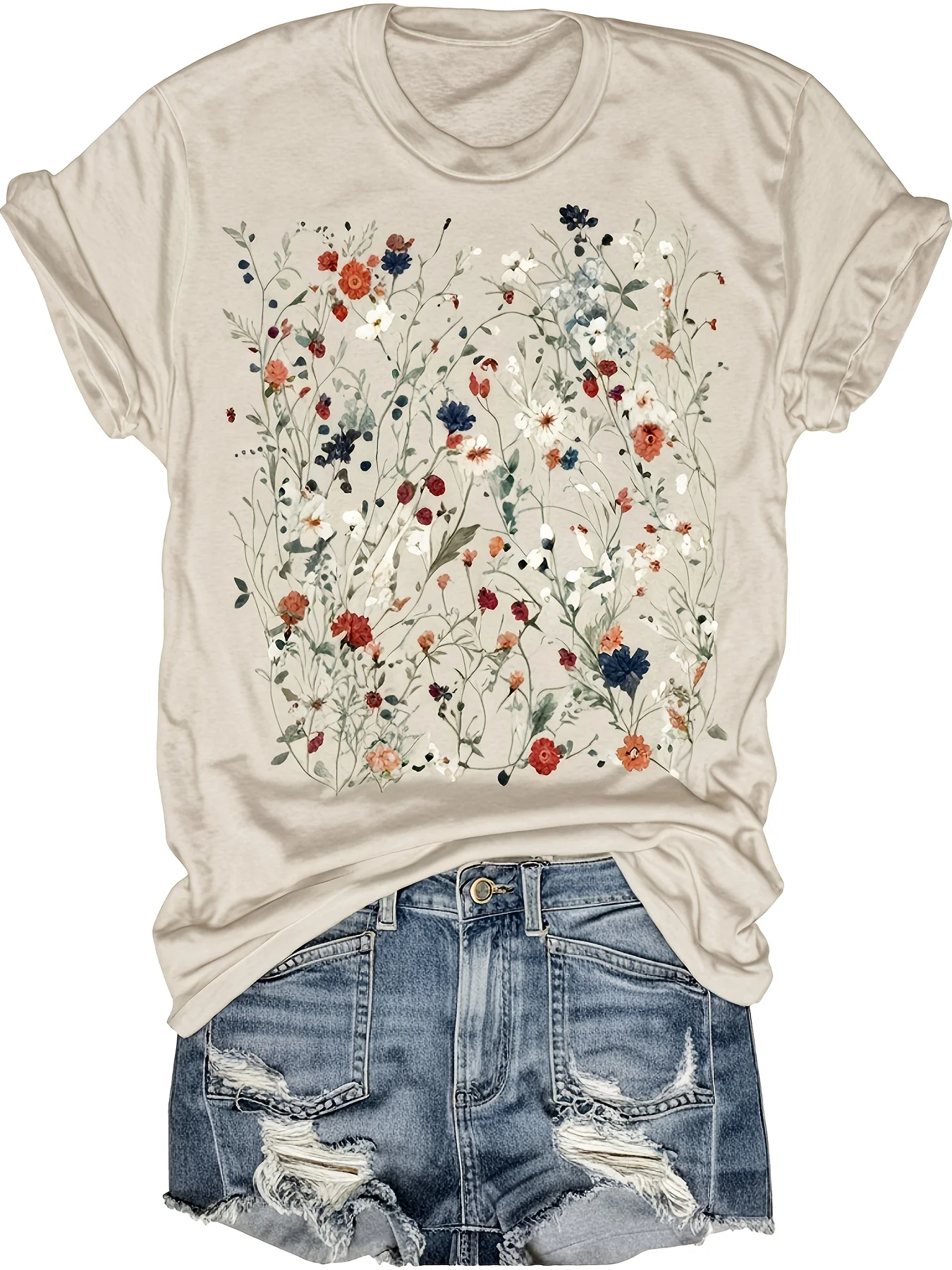 เสื้อเชิ้ตวินเทจลายดอกไม้สำหรับผู้หญิง เสื้อผ้าสไตล์โบฮีเมียนลำลอง เสื้อยืดพิมพ์ลายดอกไม้ เสื้อยืดลายดอกทานตะวันและดอกไม้ป่า เสื้อยืดลายกราฟิกสำหรับผู้หญิง