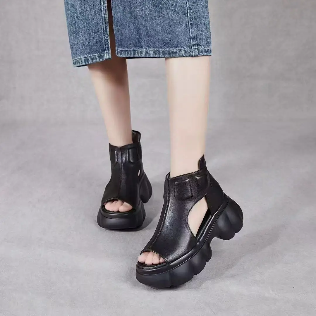 Women Leather High Top Wedges Peep Toe Sandals Summer New Thick Sole Lightweight Breathable Casual Beach Sandals Ankle Cool Boot - view 5