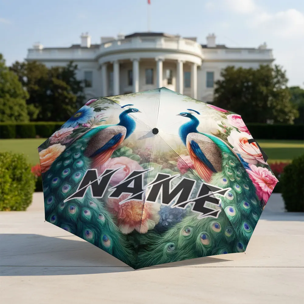 Custom Name Umbrella Two Peacocks Surround and Flowers Print Compact Folding Travel Parasol Vintage Nature Art Decorative Gift