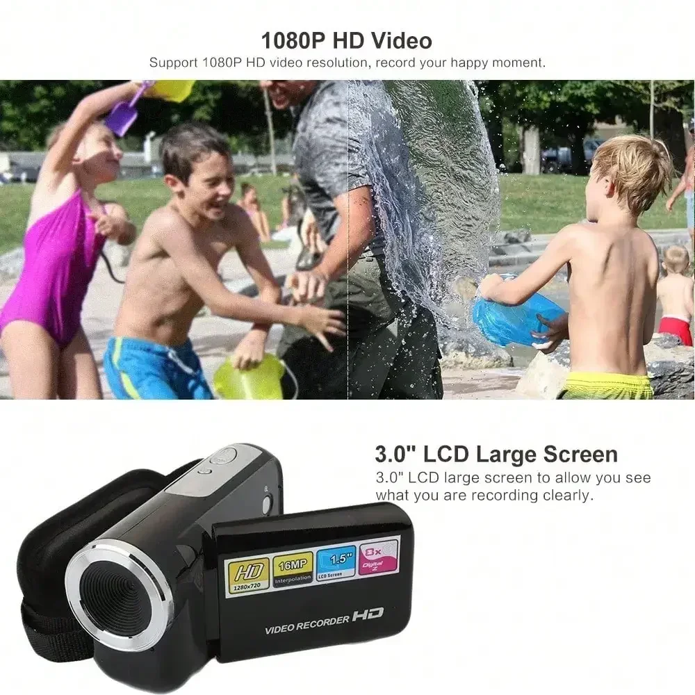 Portable 16MP HD Camcorder with LED Flash & 16X Zoom - 2'' Screen Mini DV Camera for Outdoor/Home Recording