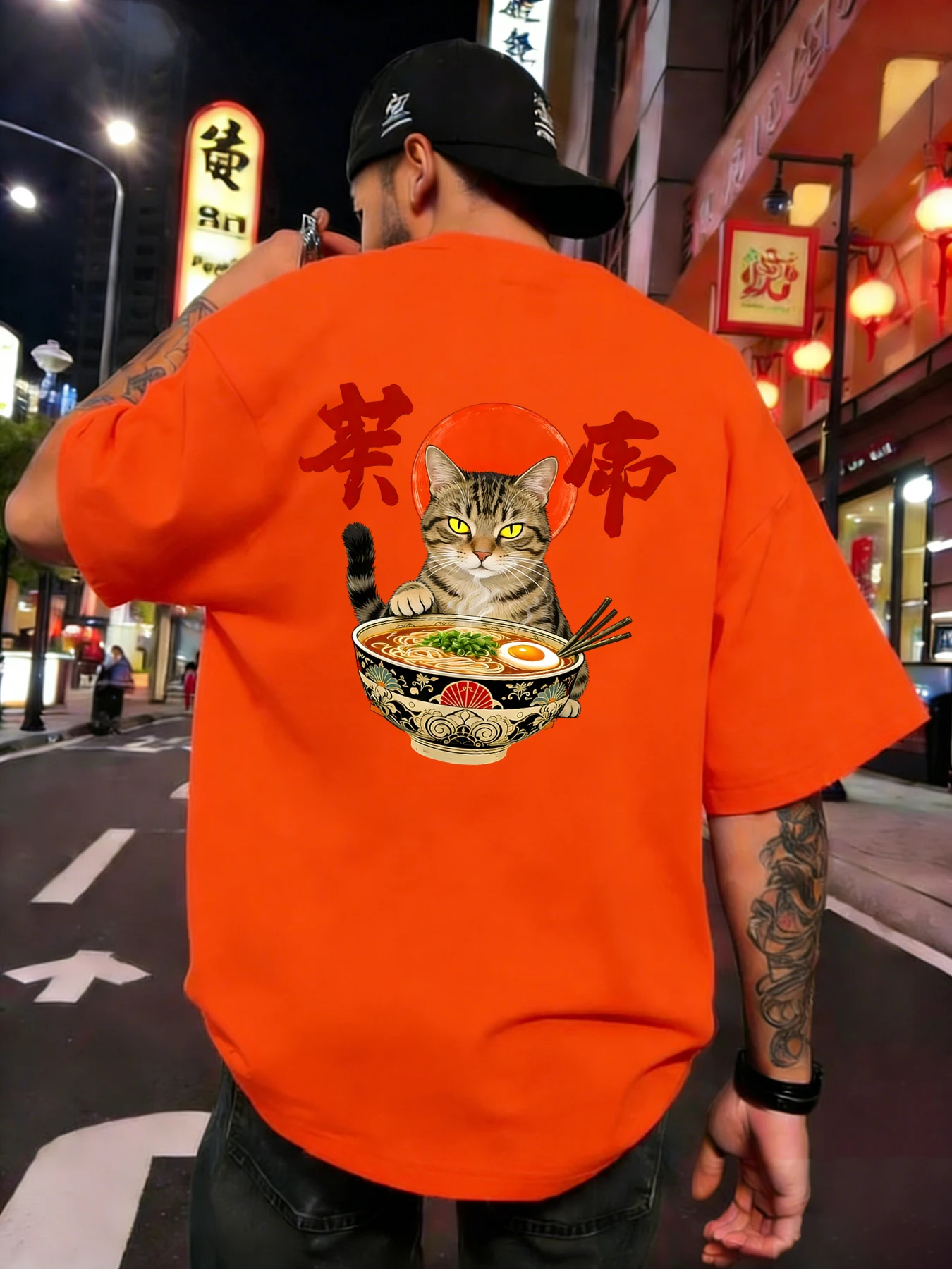 Cat That Likes To Eat Noodles Print T-Shirt Men Cotton Crewneck T Shirts Summer Loose Clothes Multicolor Trendy Short Sleeve