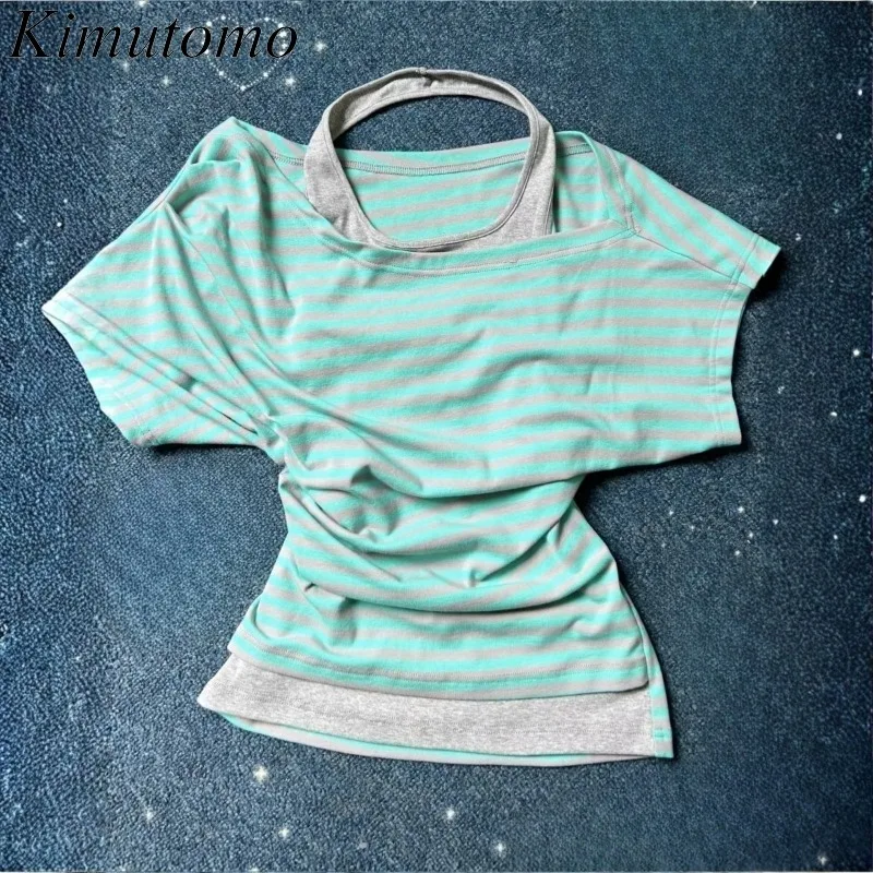 Kimutomo Women T Shirts Striped Printed Patchwork Off Shoulder Y2k Aesthetic Harajuku Tops Vintage Grunge Gothic Tee Shirt