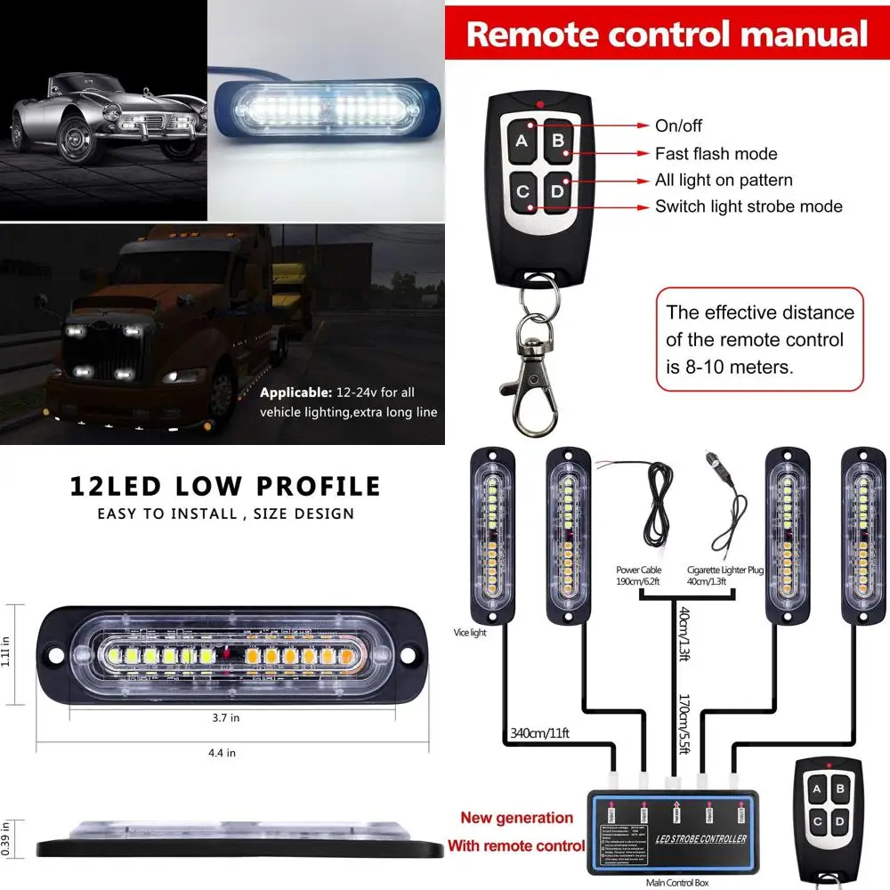 

Ultra Slim 4-Piece LED Emergency Warning Lights with Sync Feature for Cars and Trucks, White Surface Mount Main Control Box Incl
