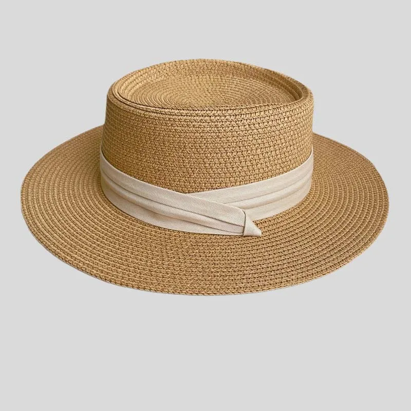 New Arrived Summer Flat Roof Straw Panama Hat French Style Vacation Wide Brim Sunshade Straw Hat Outdoor Sea Beach Women's Sun C