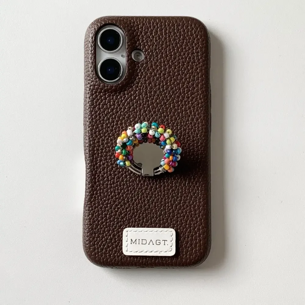 

Luxury Korean Solid Color Phone Case with Pearl Bead Ring Bracket for IPhone 17 16 15 14 13 Pro Max Anti Fall Back Cover