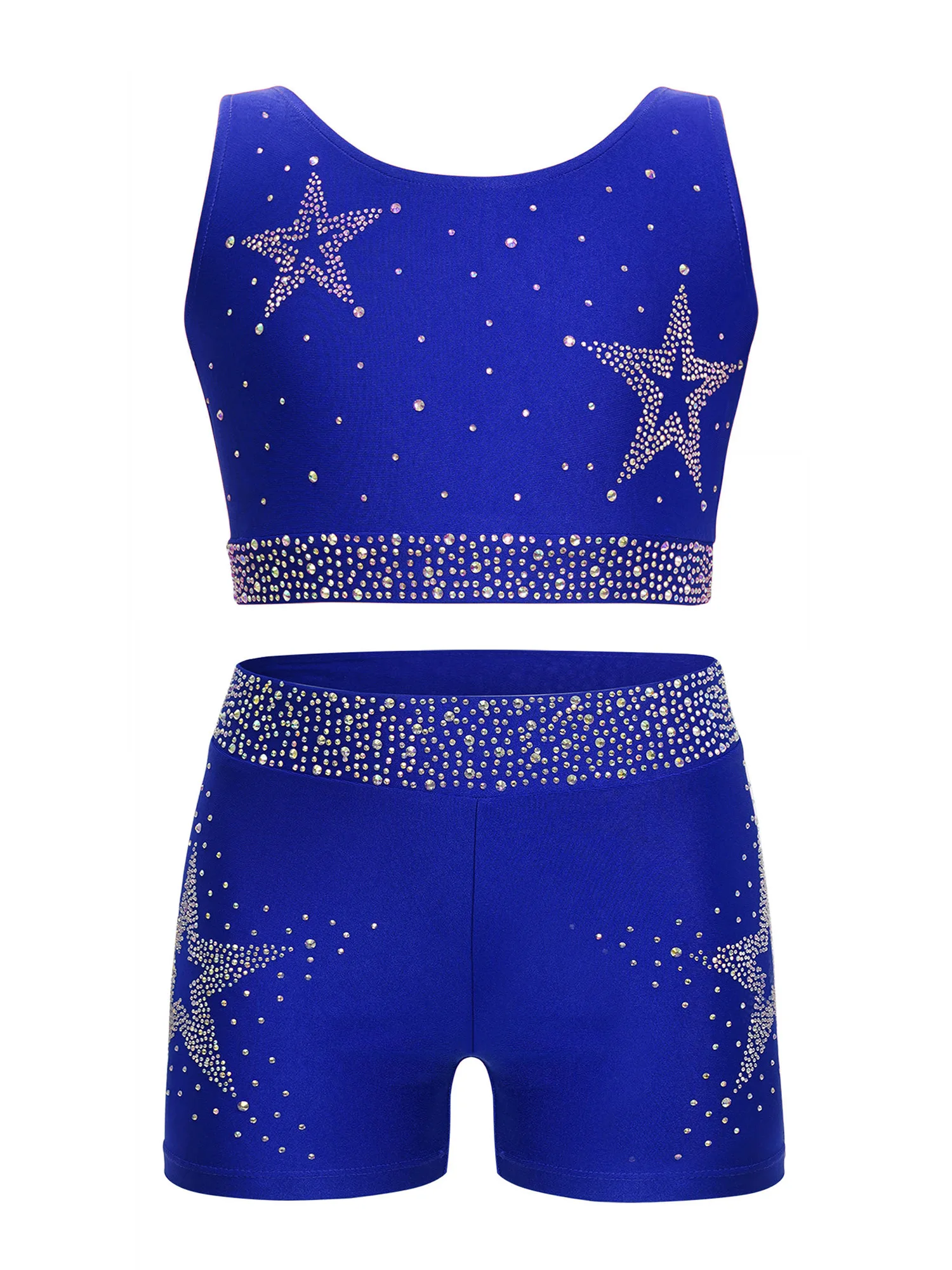 Kids Girl Rhinestones Figure Skating Gymnastics Tumbling Shorts With Crisscross Back Crop Top Jazz Hip-hop Ballet Dance Outfits