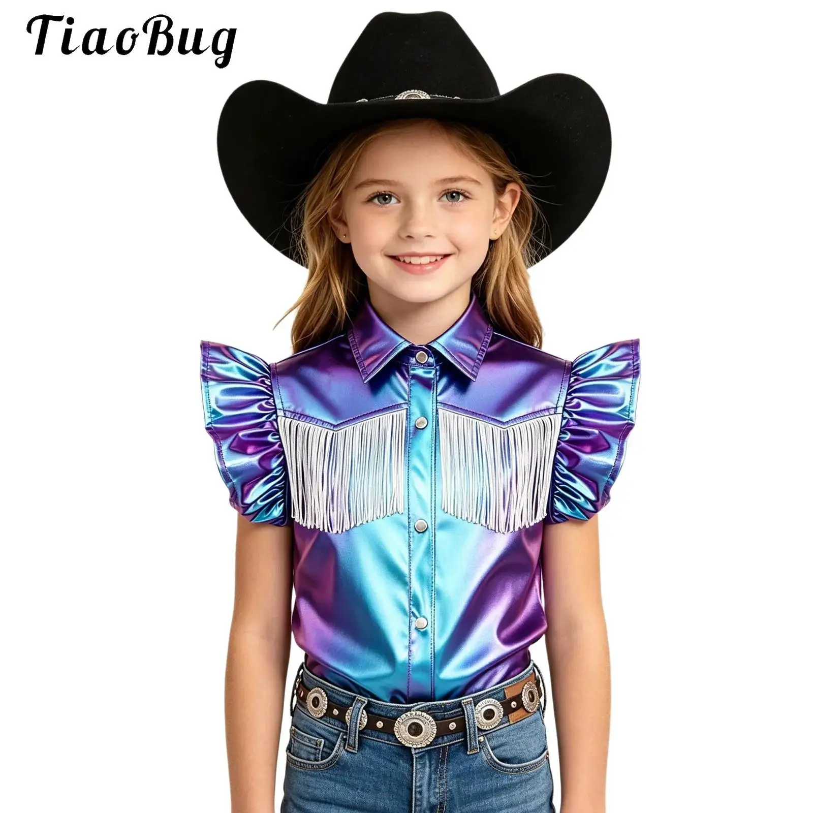 Kids Girls Western Cowgirl Metallic Shirt Jackets Ruffled Tassel Fringed Shiny Hip-Hop Jazz Dance Tops Halloween Cowboy Costume