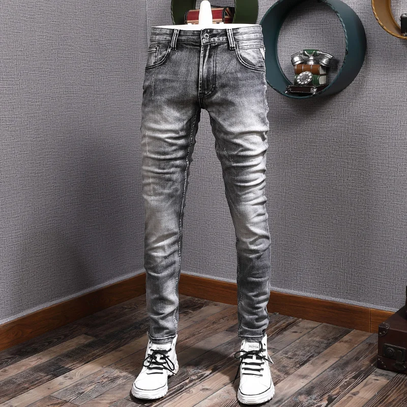 Men Grey Gradient Washed Skinny Jeans Vintage Faded Pleated Slim Fit Streetwear Denim Jeanshombre