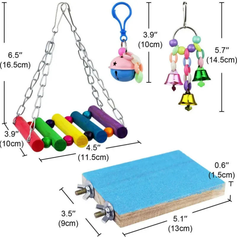 1set 7pcs Parrot Assembled Toys Pet Bird Climbing Rope Acrylic Soft Bridge Station Stick Colorful Swing Bell String