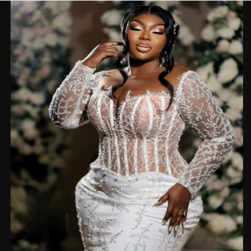 Personalizado sheer neck shinny lantejoulas contas vestido de casamento trem varredura robe de mariée ilusão manga longa vestido de noiva