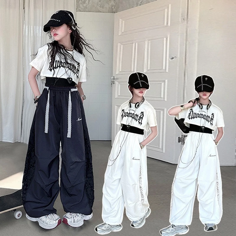 

teen girl Hip Hop Jazz Street Dance Hip Hop clothes Set short t-shirt+suspenders+Wide leg pants 3p junior kid sport outfits suit