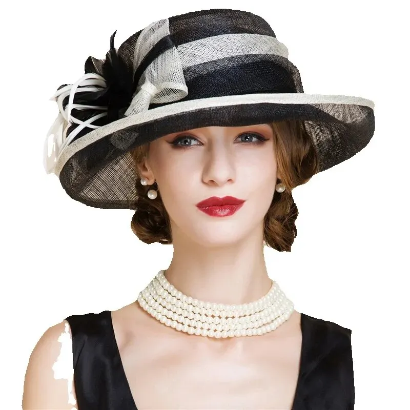 Lato czarny i biały elegancka pościel kapelusze fedora Lady moda kapelusze kapelusz kobiet Floppy szerokim rondem czapka len pościel B-8150 — zdjęcie 2