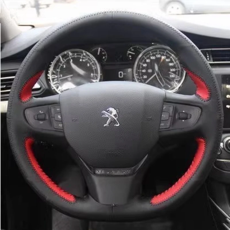 

Сшитый вручную черный, красный чехол на руль автомобиля из натуральной кожи для Peugeot 408 2014-2019 Traveller 2016-2019
