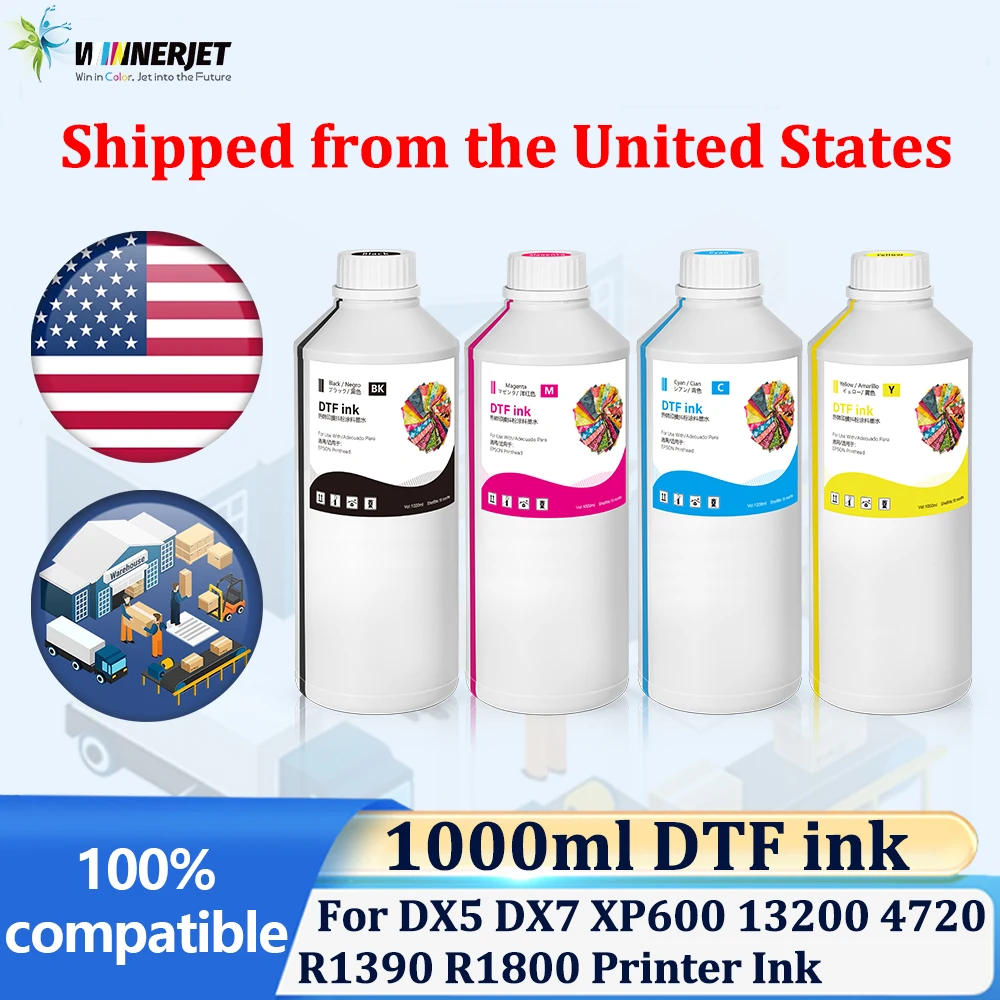 Winnerjet 4 bottles DTF ink KCMY 1000ml For Epson DX5 DX7 L1800 L805 I3200 XP600 DTF Printing PET Film DTF Powder Transfer Ink