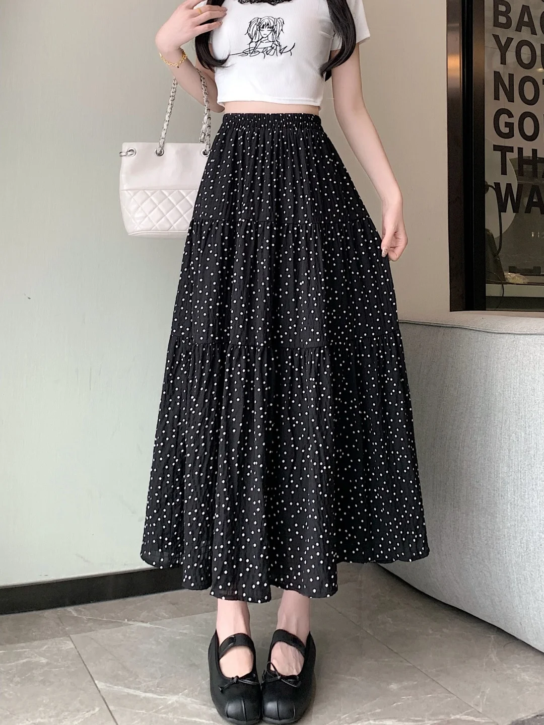 High Waist A-Line Midi Skirt Women's Polka Dot Soft Comfortable Polyester Fabric Gentlewomen's Skirts Spring Autumn New Arrival