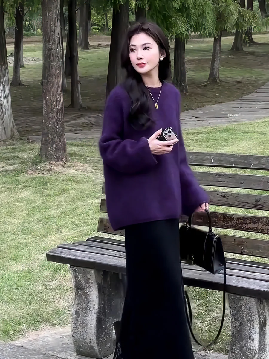 

Женский свободный вязаный свитер с круглым вырезом, фиолетовый, удобный, теплый, осенне-зимний, модный, повседневный, с высоким воротником, длинными рукавами