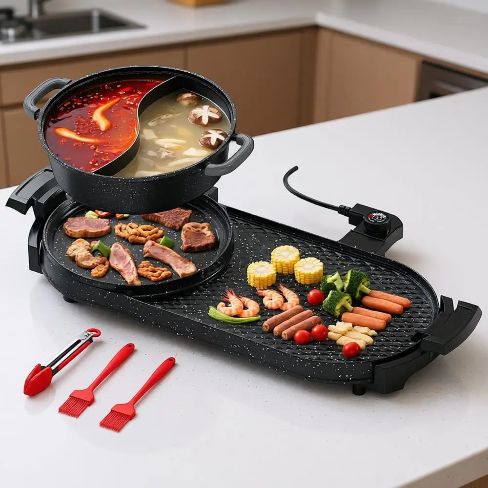 

Электрический гриль и хот-пот 2-в-1, 2200 Вт, съемная двухзонная жаровня для барбекю, разъемная сковорода, антипригарное покрытие, 29x11 дюймов, семейный размер