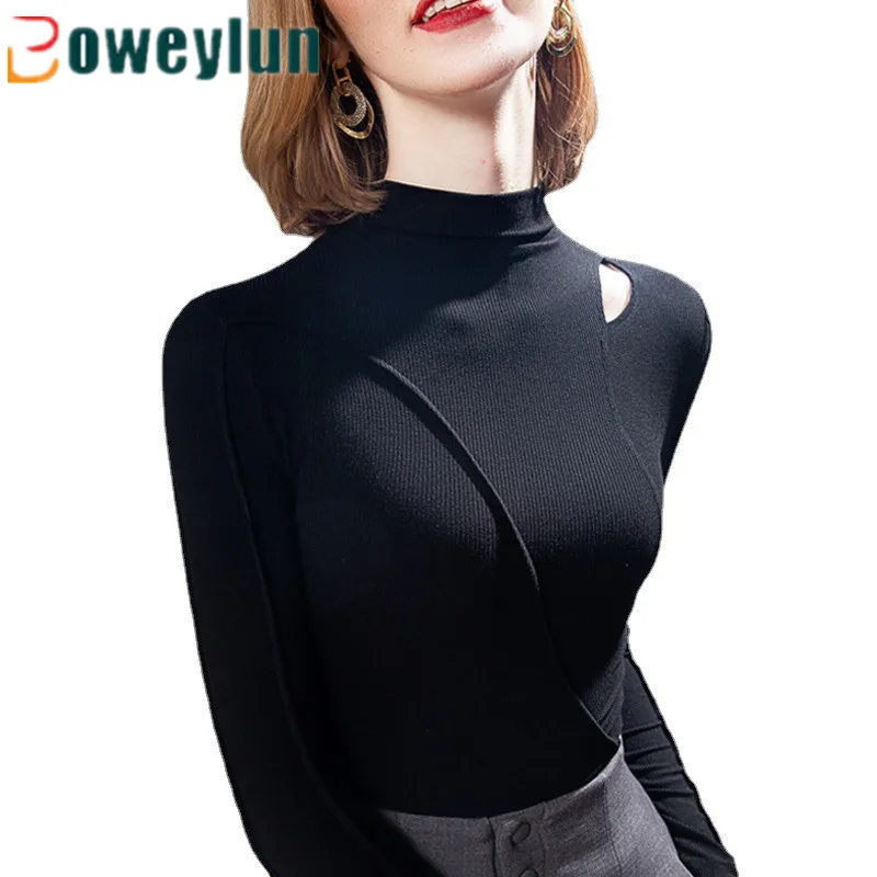 

Boweylun Solid Round Neck Slim Office Lady Bottoming Shirt Blouse Female Comfortable Skinny Long-Sleeved Autumn And Winter Women