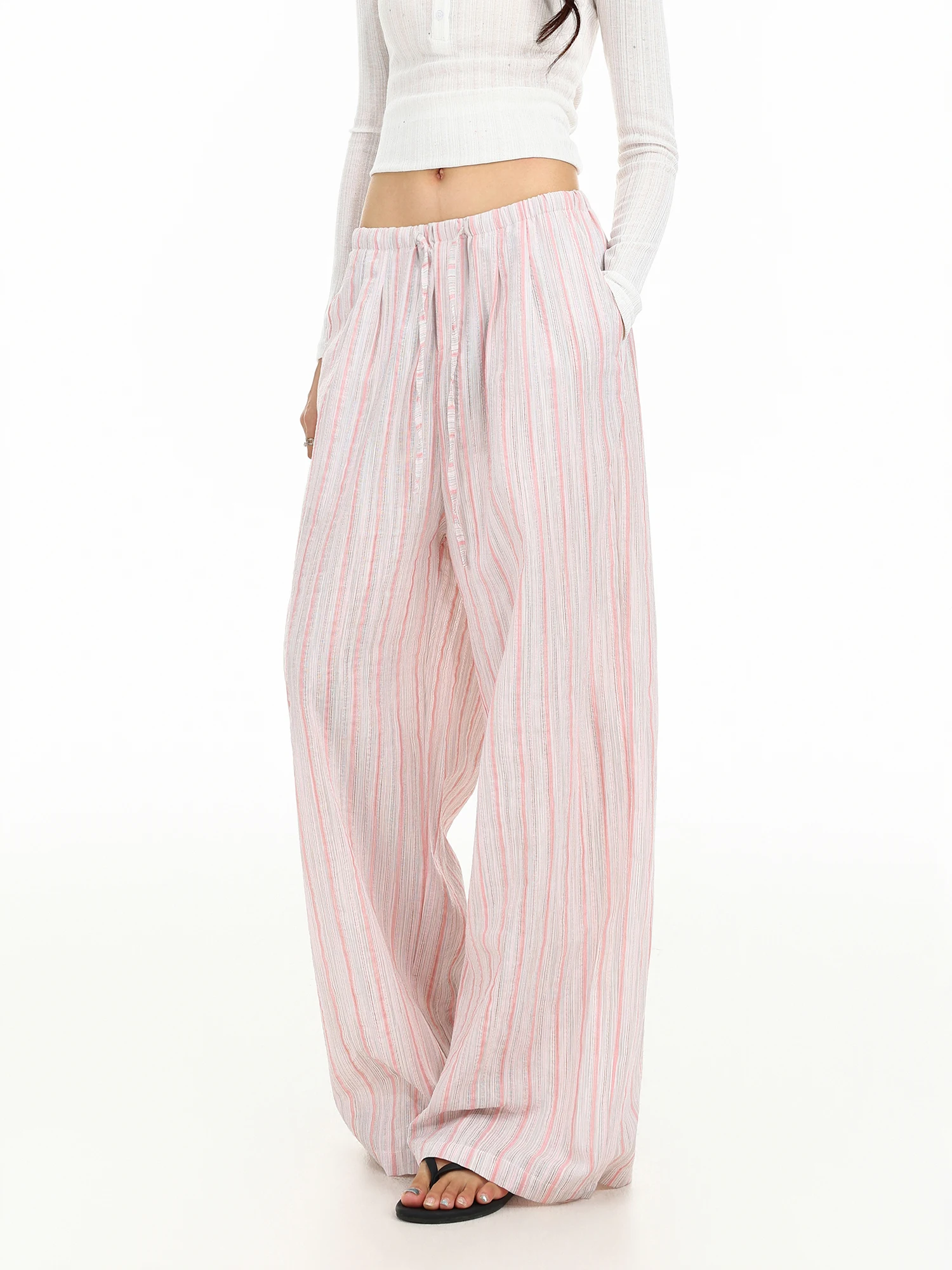 Biggold Blue White Fine Plaid Wide Leg Pants Women's Drawstring High Waist Casual Loose Straight Drapey Long Trousers