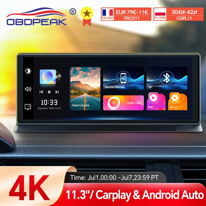 Видеорегистратор K2 Pro, 11,3 дюйма, 4K, 2160P, Carplay and Android Auto, Wi-Fi, GPS