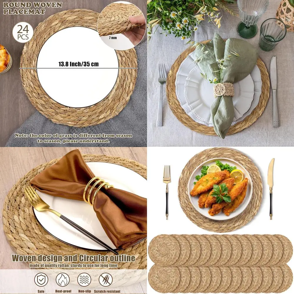 

Natural 24-Pack 13.8 Boho Rattan Woven Placemats for Farmhouse Dining Tables