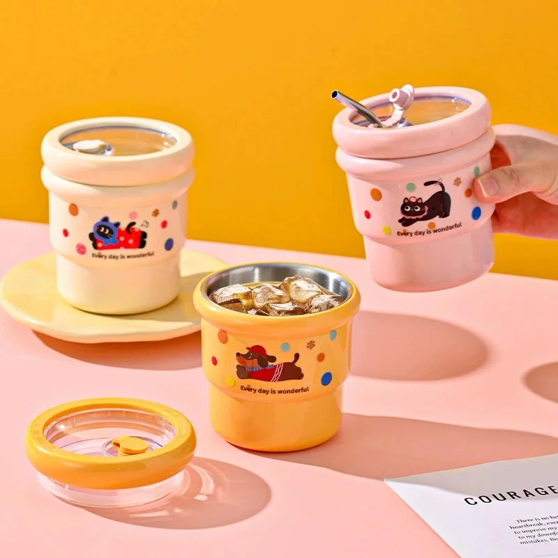 

Cute Series 420ml Coffee Mug 304 Stainless Steel Leakproof Dustproof Cartoon Dopamine Home Office Gift