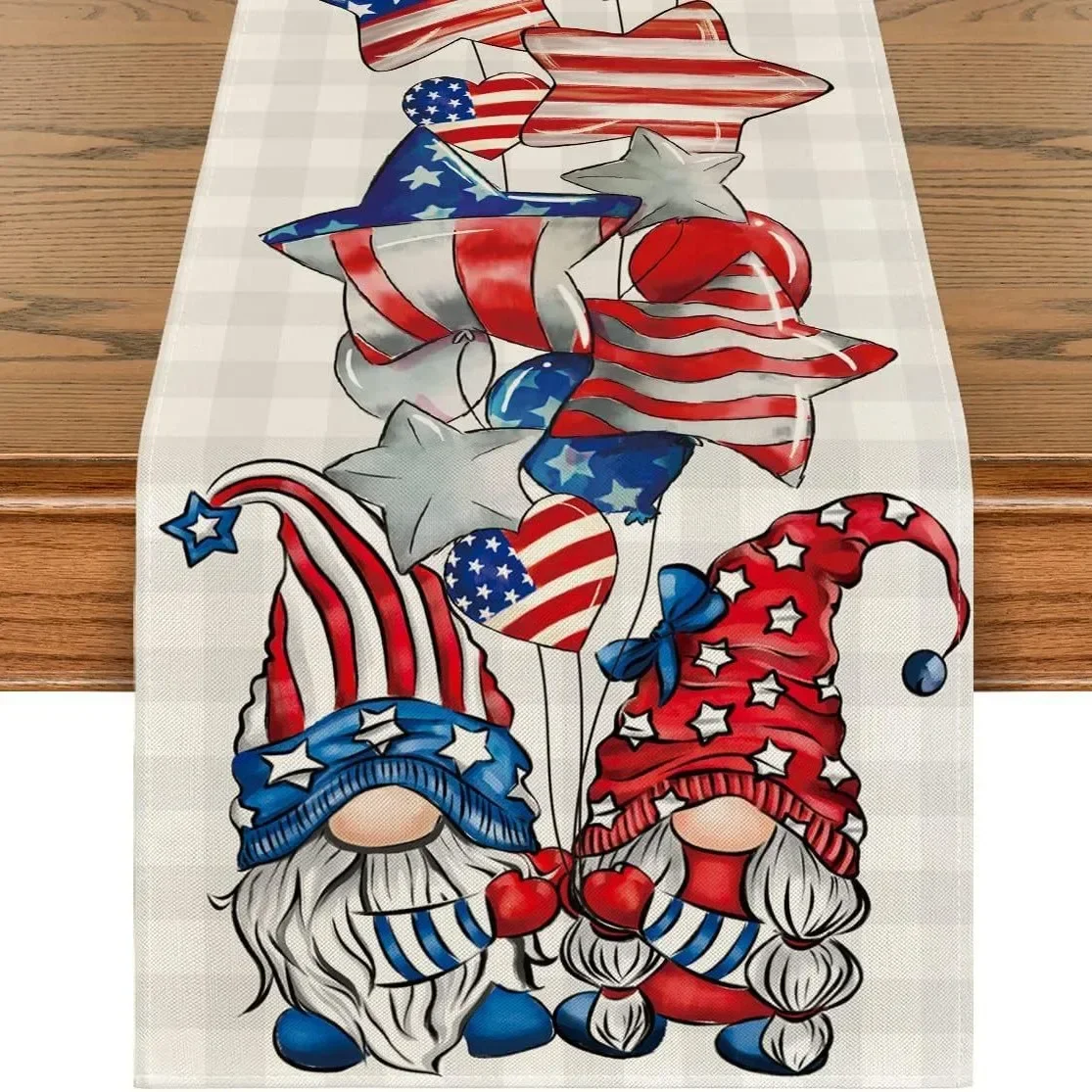Gnome Table Runner Patriotic Stars Stripes Linen Tablecloth Buffalo Plaid Independent Day 4th of July Kitchen Dining Decor