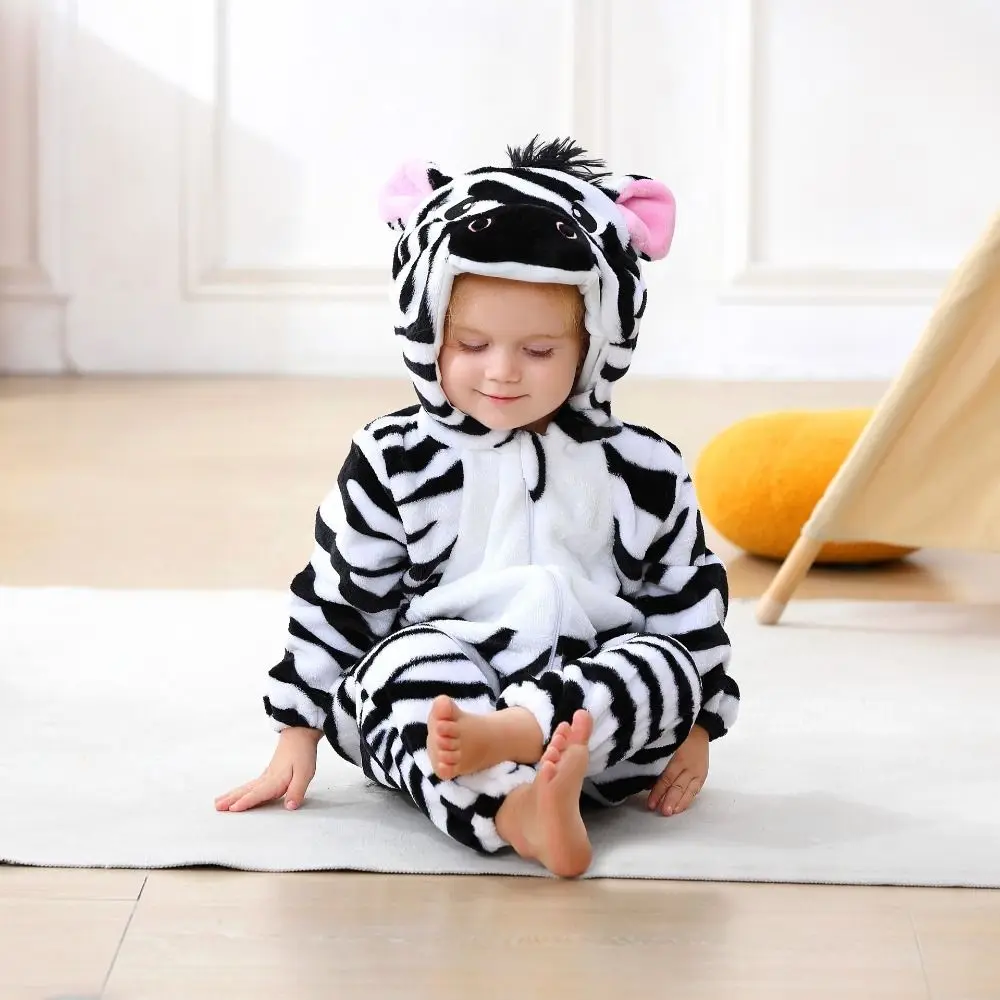 Soft Flannel Baby Hooded Romper Cartoon Animal Hooded Design Infant Jumpsuit Lightweight Skin-Friendly Holiday Outfit Holiday