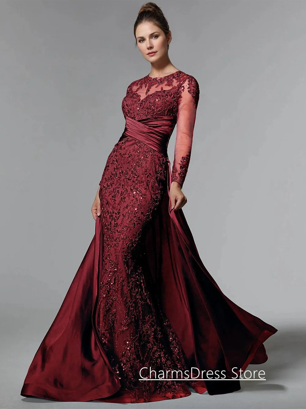 Lace Mermaid Evening Dress with Detachable Skirt Customized Round Neck Illusion Long Sleeves Sequined Applique Prom Gown