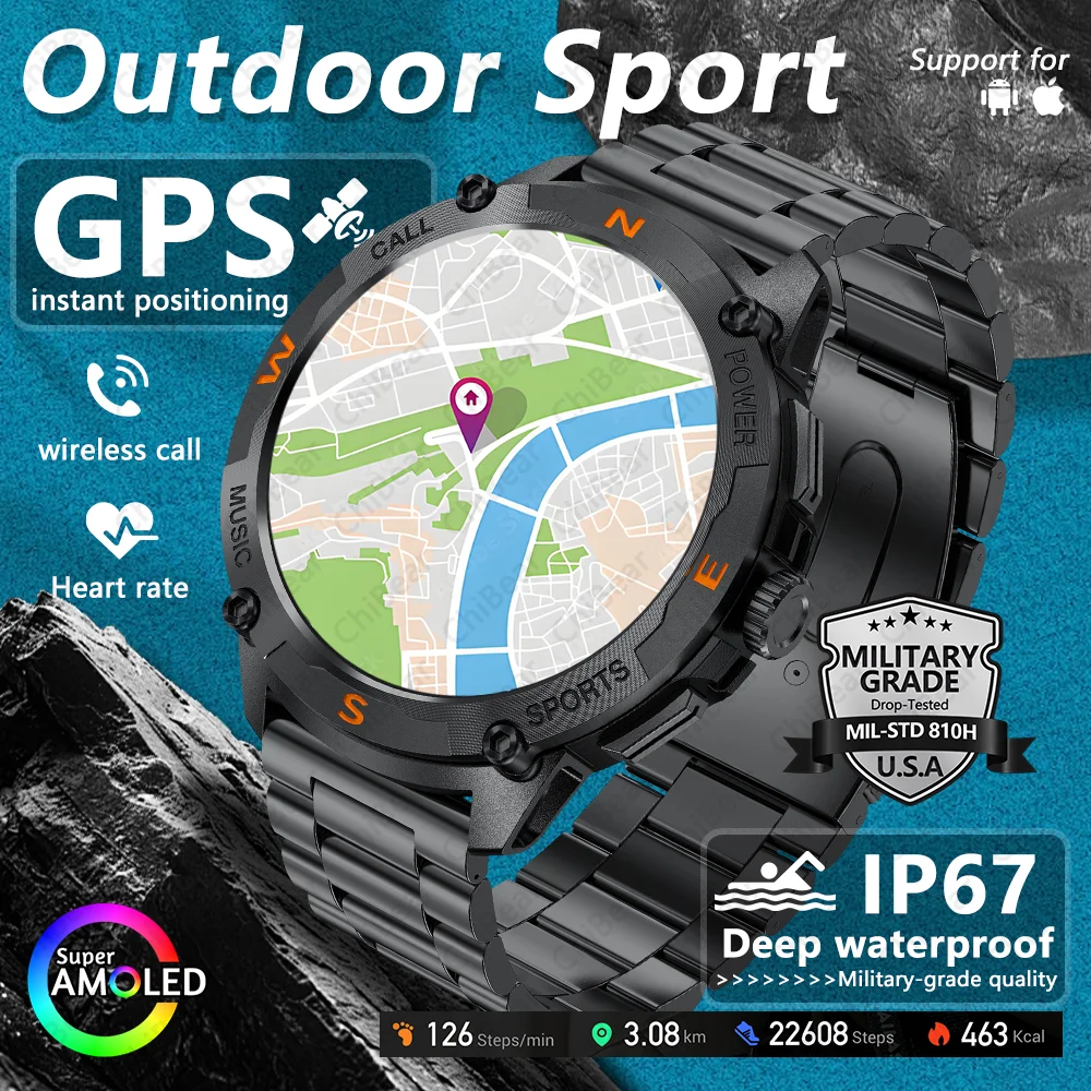 

2025 НОВЫЕ военные спортивные уличные умные часы с HD-экраном, спутниковый GPS, трек движения, пульсометр, Bluetooth-вызов, водонепроницаемые умные часы