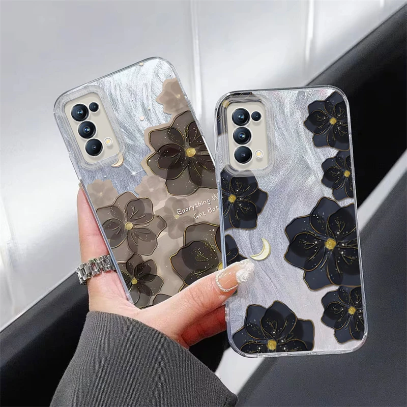 Funda IMD para OPPO Reno 12, 11, 8, 7, 6, 5, 4 Lite, diseño de Flores Negras, patrón de Luna, a prueba de golpes, anticaída, pluma, hilo, funda suave para teléfono