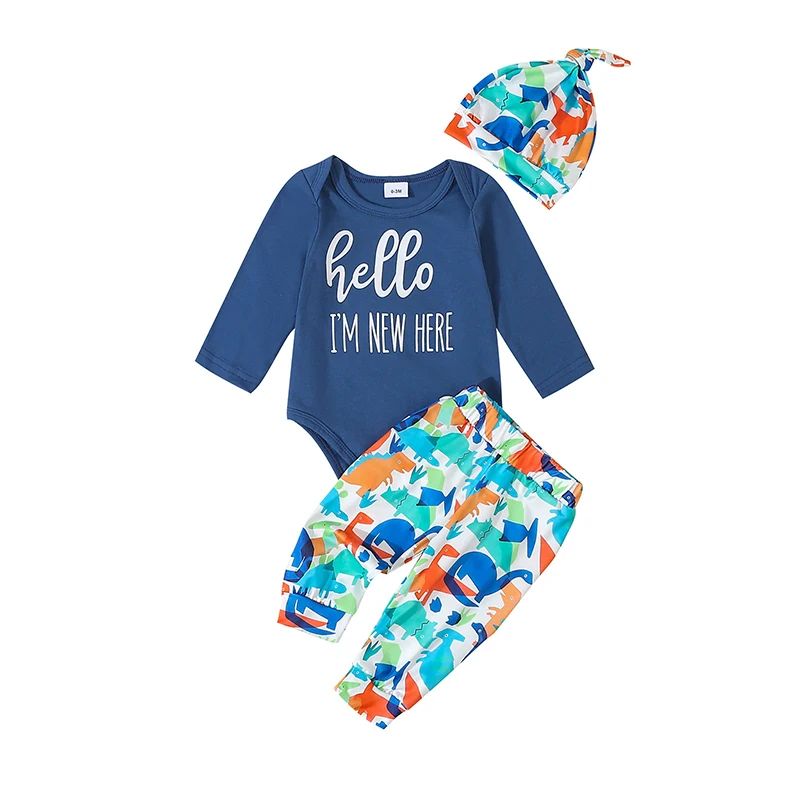 

Infant Newborn Baby Boys 3pcs Fall Outfits Long Sleeve Letter Print Romper Dinosaur Print Long Pants Beanie Hat Set