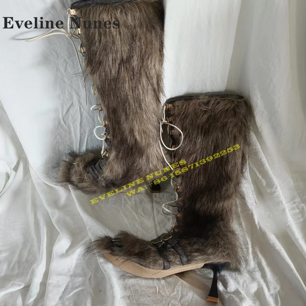 Botas de nieve sexis de piel con cordones y hebilla de cinturón, nuevo estilo de invierno 2025, botas hasta la rodilla con punta redonda recortada de retazos picantes para chica de talla grande