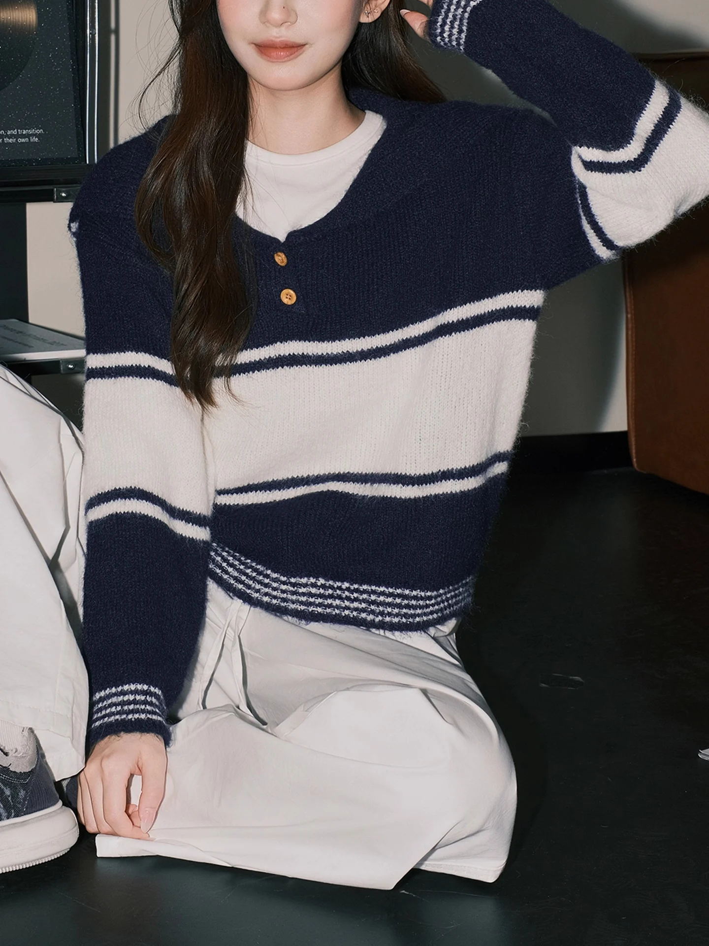 Loose Fit Lange Sve Gebreide Trui Dames Winter Faion Koreaanse Sle ey Streep Marine Kraag Zachte Comfortabele Top