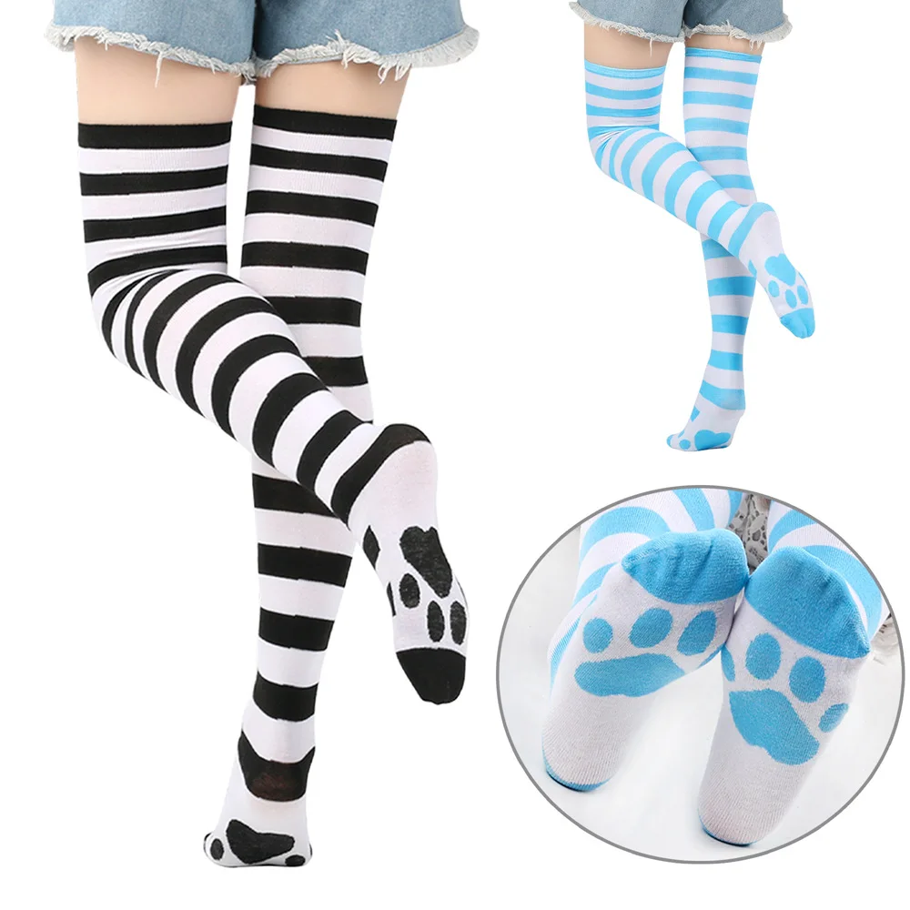 Pink Strip Kawaii Cat Paw Print Stockings Lolita Gothic Velvet Lolita Over Knee JK Anime Cosplay Socks Cat Paw Long Pantyhose ##