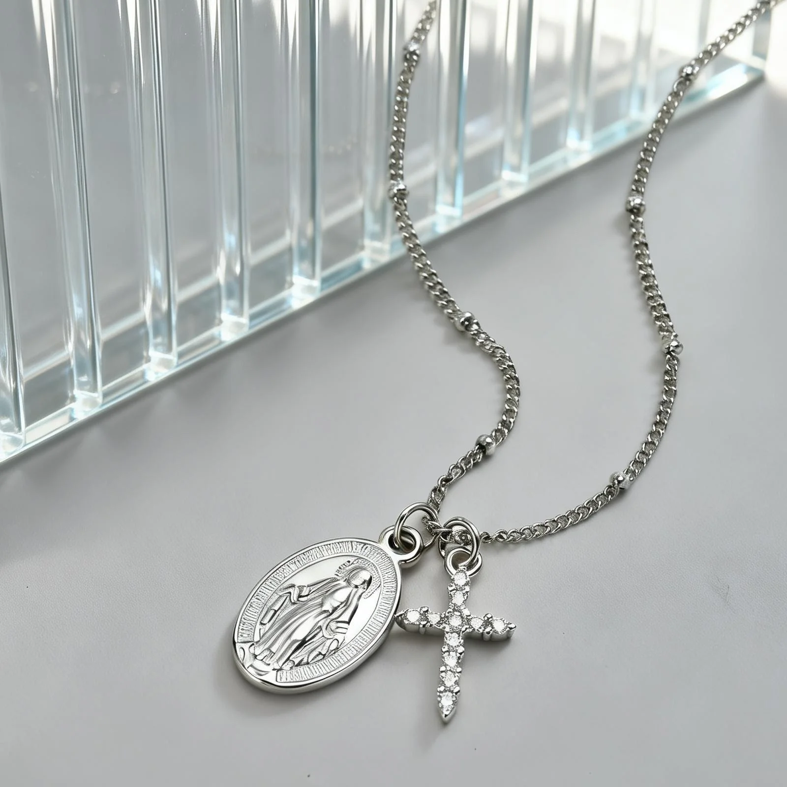 Stainless Steel Holy Virgin Necklaces For Women, Exquisite Zircon Cross Pendant, Collarbone Chain Jewelry Gifts