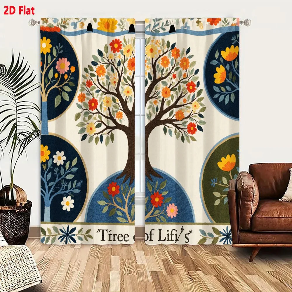 2Pcs Curtains 2D Flat Tree Of Lifi/'s Whimsical Folk - Art Illustration: Central Large Tree With Colorful Flowers, Four Smaller