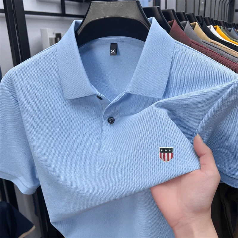 Men's Summer Luxury 100% Cotton Polo Shirt, Lapel Print Short Sleeve T-shirt, Breathable Business Casual Menswear