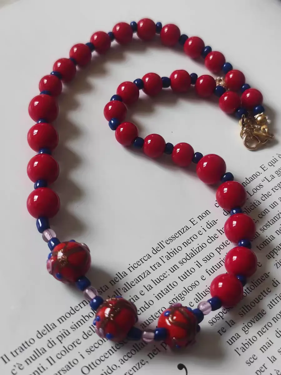 New Vintage Handmade Murano Lampwork Glass Chinese Red Carving Flower Beads Necklace Jewelry