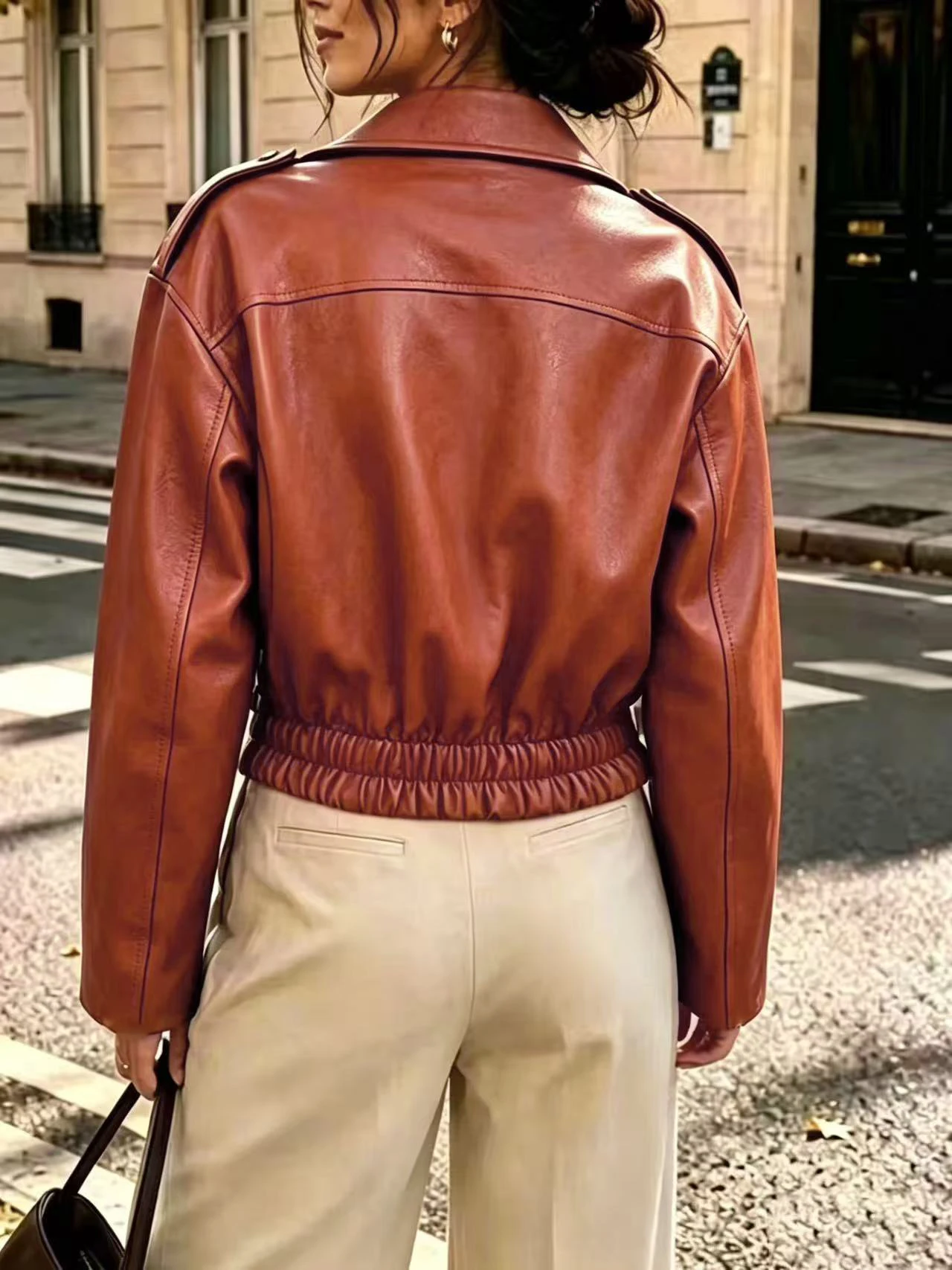 Women Cropped Faux Leather Biker Jacket Lapel Asymmetric Zipper Shoulder Stud Elastic Hem Moto Outerwear Multi‑Colors