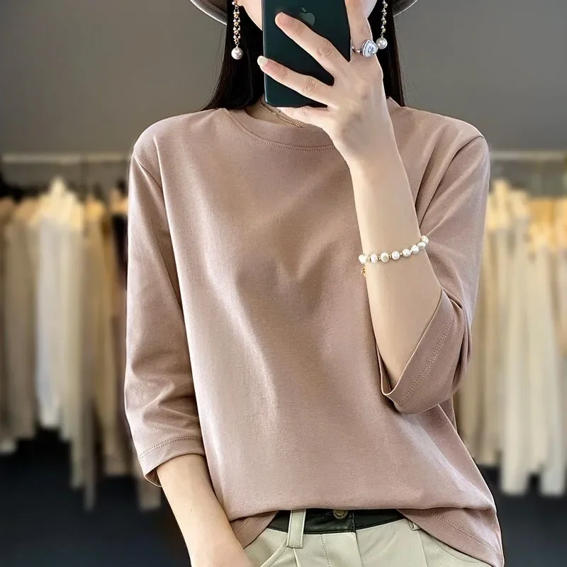 Womens Cotton Silk T Shirt Round Neck Three Quarter Sleeve Solid Color Summer Top