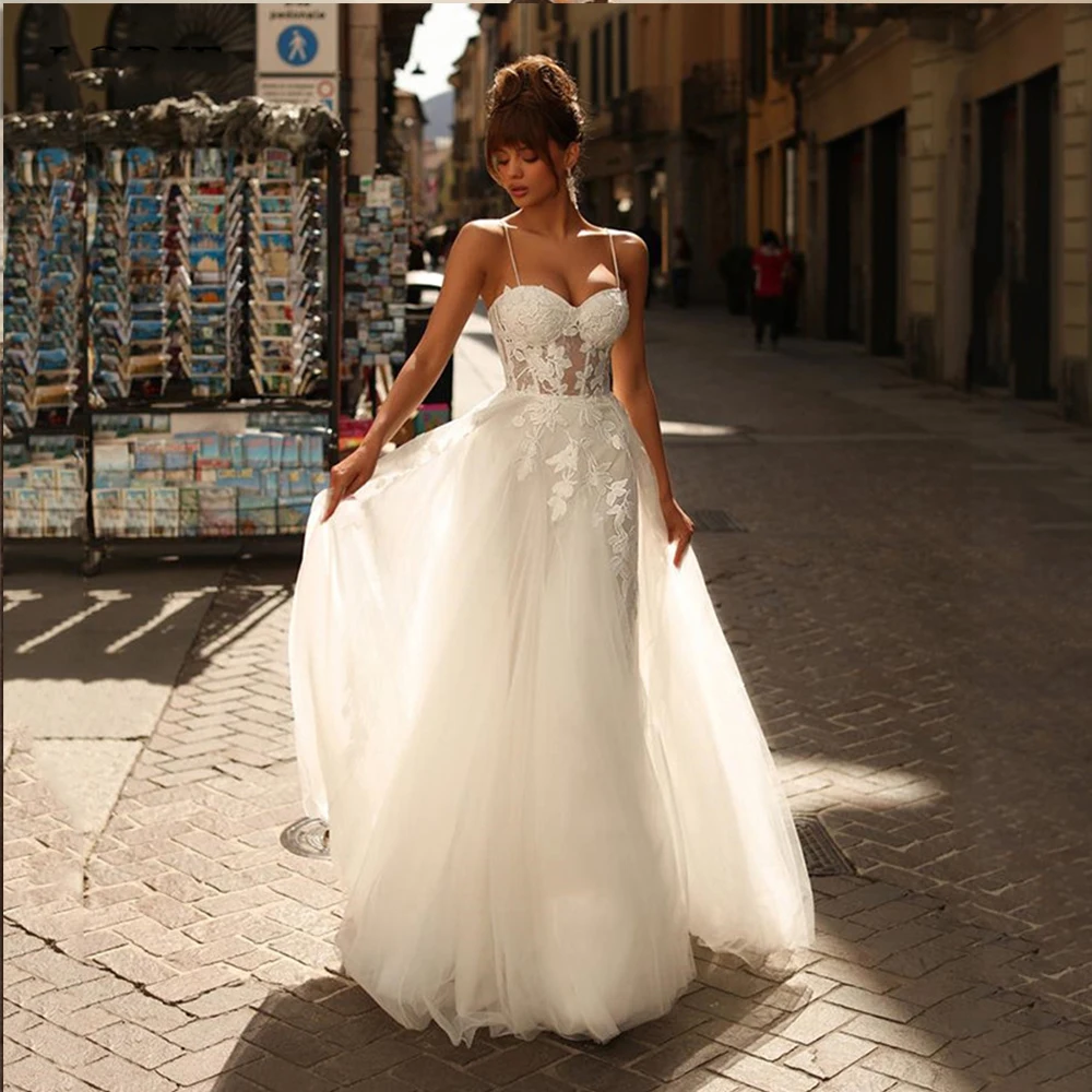 

Spaghetti Straps Lace Wedding Dresses A Line Sweetheart Corset Bridal Gowns Modest Sleeveless Customize To Meaures Stunning
